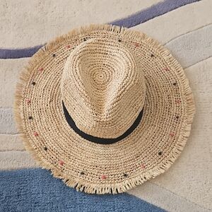 JCrew Packable Straw Sun Hat with Black Band and Red And Blue Accents